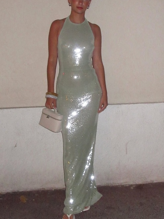 Reformation Dresses & Skirts - Reformation Elowyn Sequin Halter Open Back Slit Maxi Dress Gown Icy Seafoam